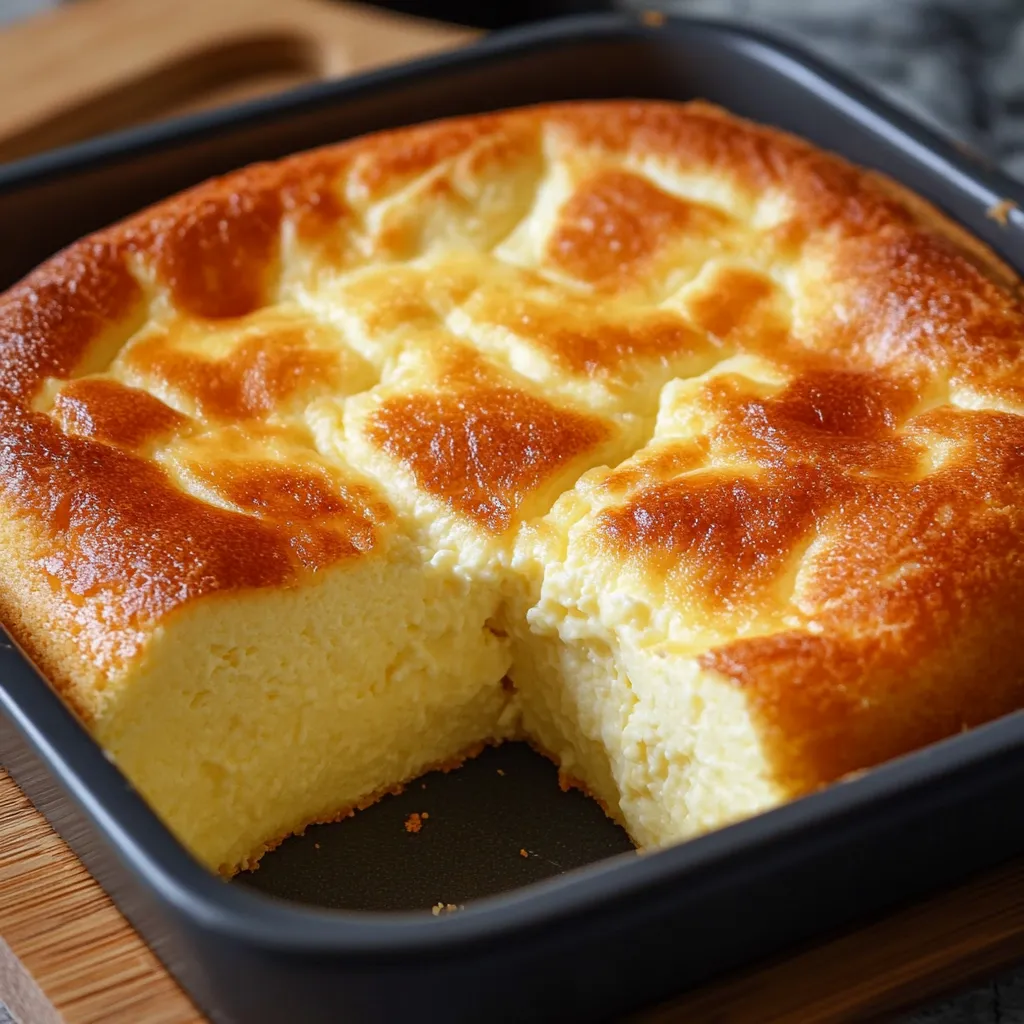 Bizcocho de queso brasileño recién horneado, dorado y esponjoso en molde con centro hueco.