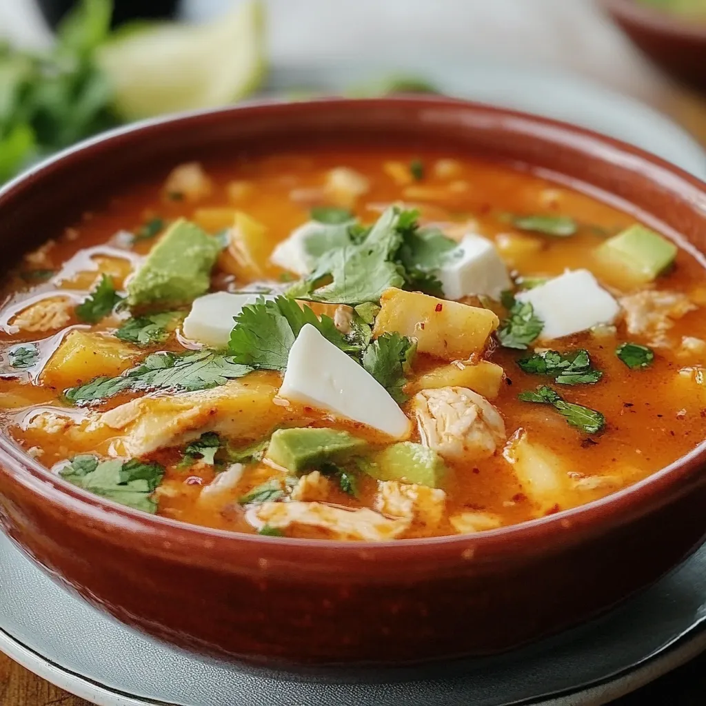 Caldo tlalpeño servido con pollo, aguacate, queso fresco y tortillas fritas en un tazón tradicional.