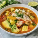 Caldo tlalpeño servido con pollo, aguacate, queso fresco y tortillas fritas en un tazón tradicional.