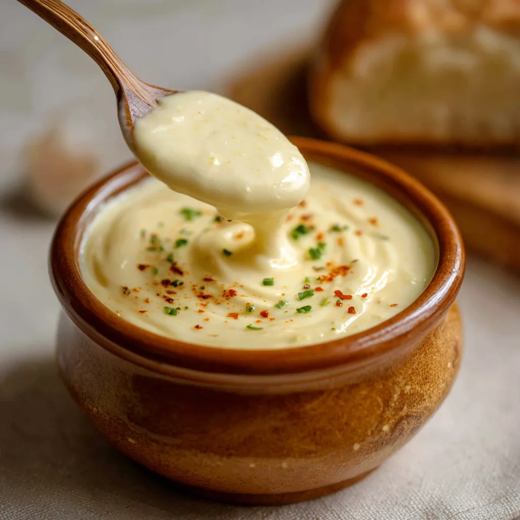 Crema de ajo casera y cremosa servida en frasco de vidrio