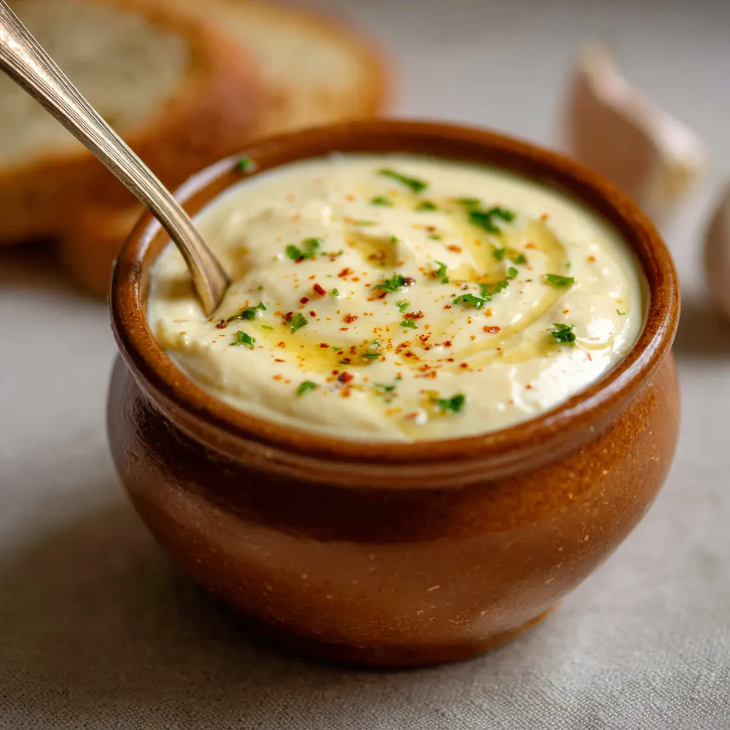 Crema de ajo casera y cremosa servida en frasco de vidrio