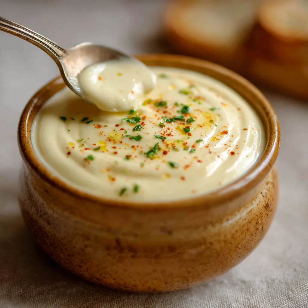 Crema de ajo casera y cremosa servida en frasco de vidrio