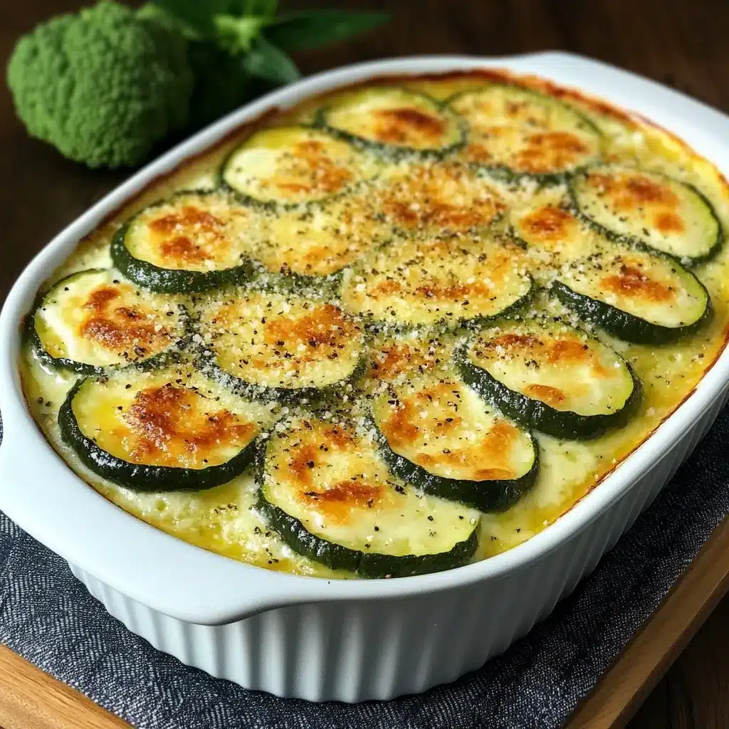 Plato de calabacín suizo gratinado con queso dorado servido en una fuente de cerámica.