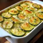 Plato de calabacín suizo gratinado con queso dorado servido en una fuente de cerámica.