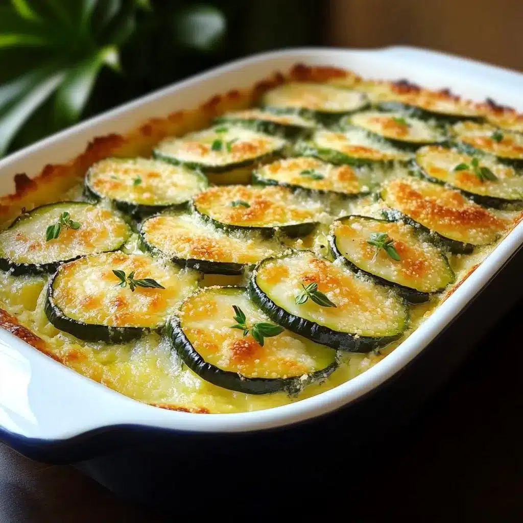 Plato de calabacín suizo gratinado con queso dorado servido en una fuente de cerámica.