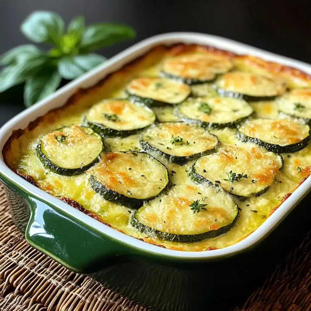Plato de calabacín suizo gratinado con queso dorado servido en una fuente de cerámica.
