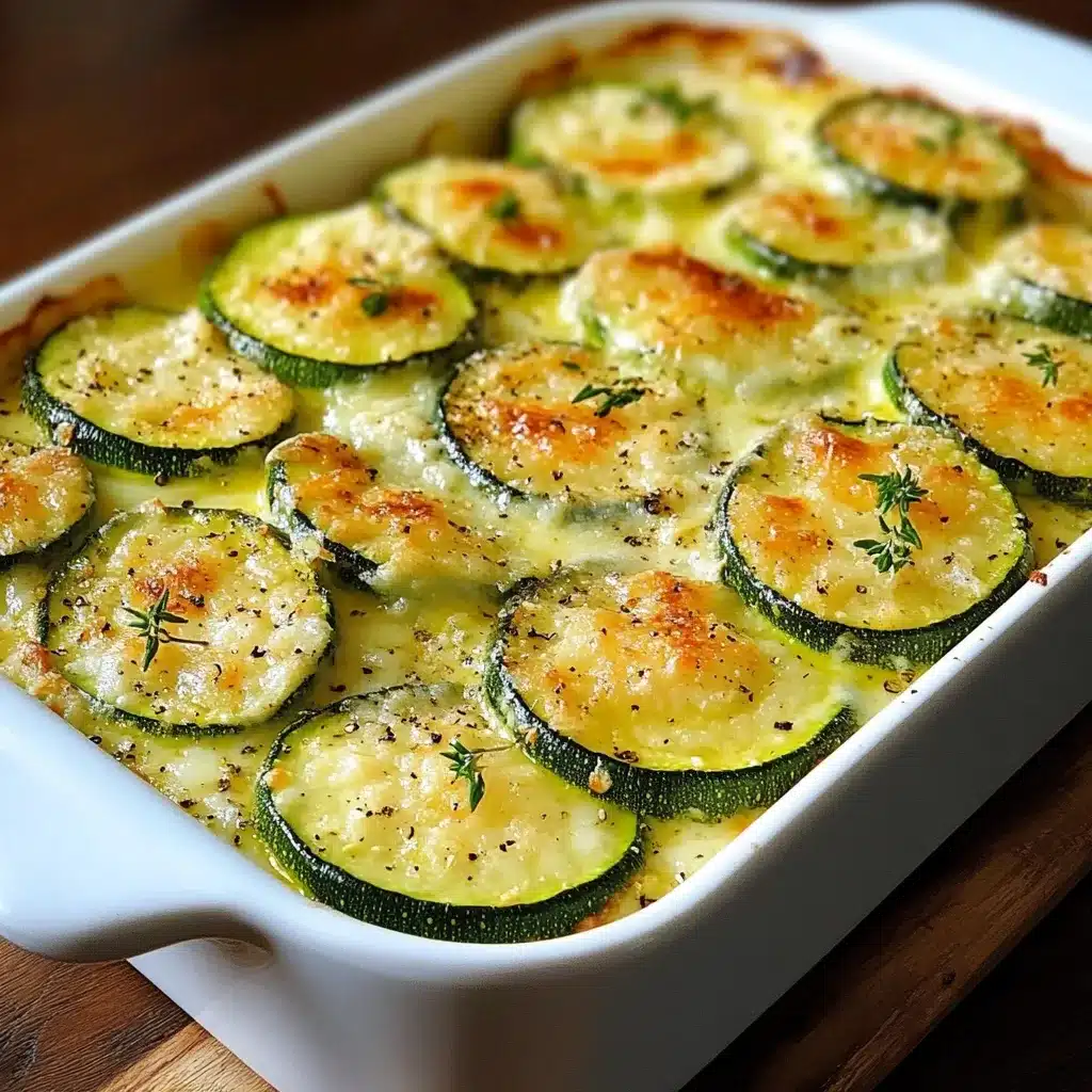 Plato de calabacín suizo gratinado con queso dorado servido en una fuente de cerámica.
