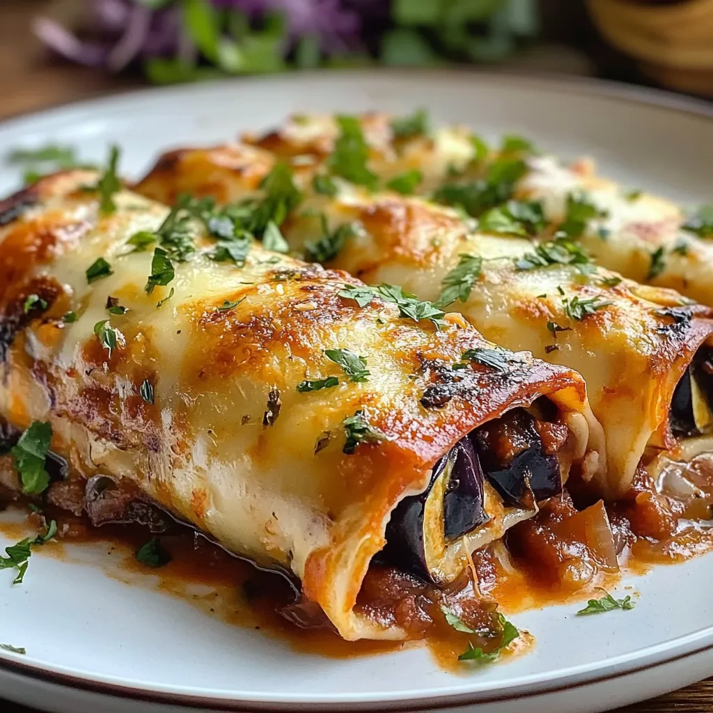 Canelones de berenjena gratinados con queso en una fuente de horno, servidos con salsa de tomate casera.