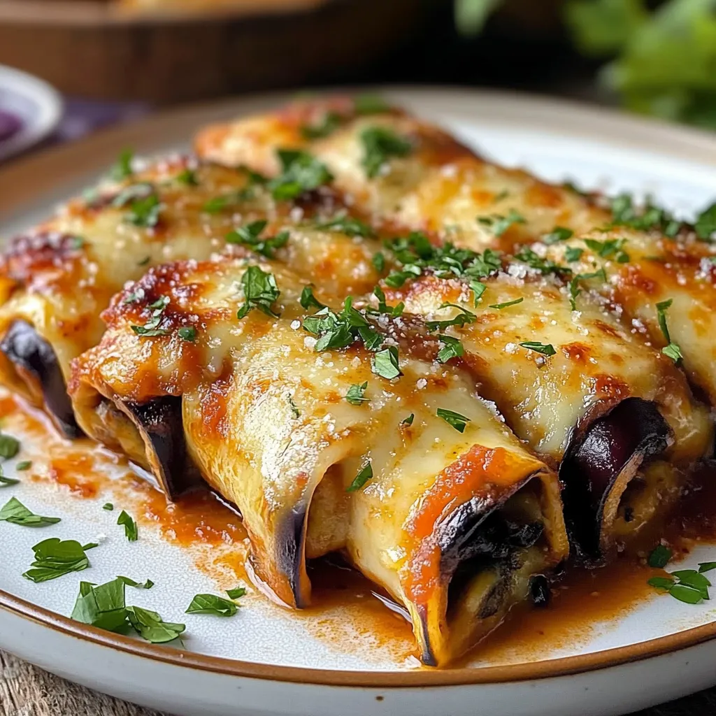 Canelones de berenjena gratinados con queso en una fuente de horno, servidos con salsa de tomate casera.