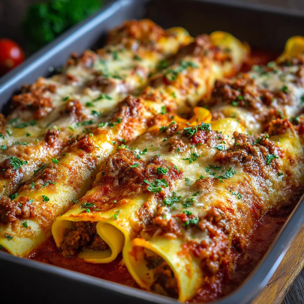 Plato de canelones de carne picada gratinados con queso y bechamel recién horneados.