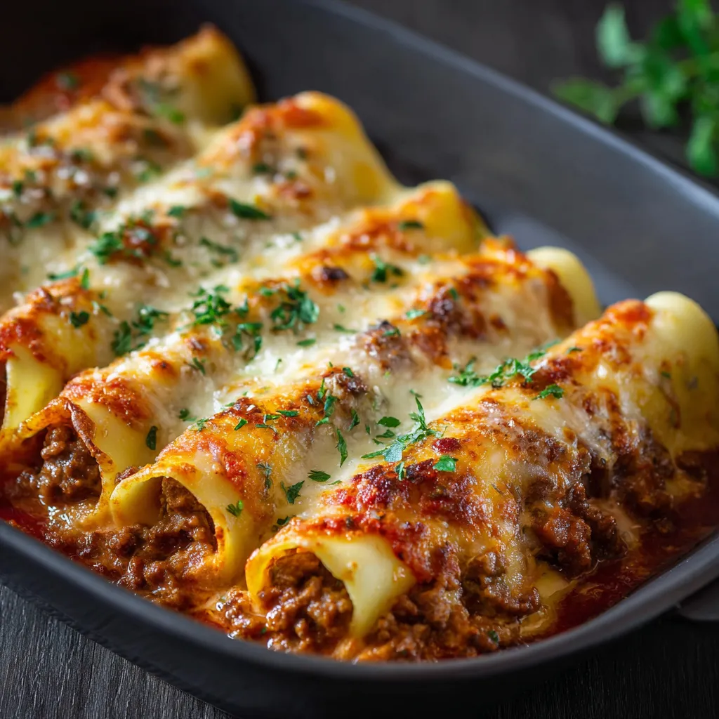 Plato de canelones de carne picada gratinados con queso y bechamel recién horneados.