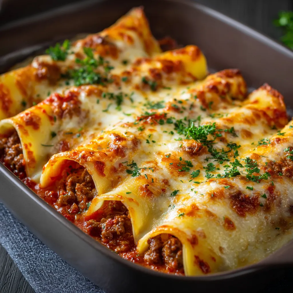 Plato de canelones de carne picada gratinados con queso y bechamel recién horneados.