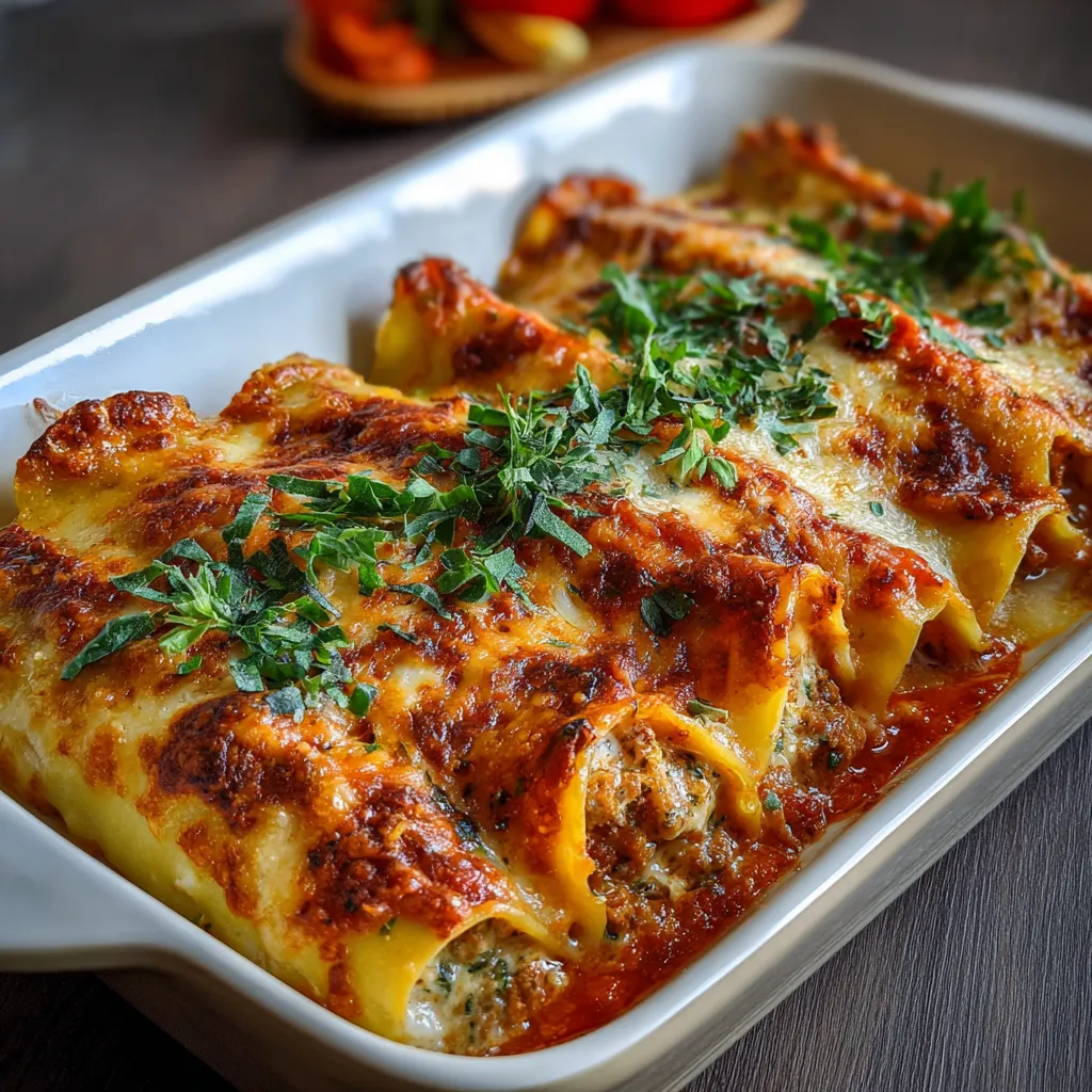 Plato de canelones de carne picada gratinados con queso y bechamel recién horneados.