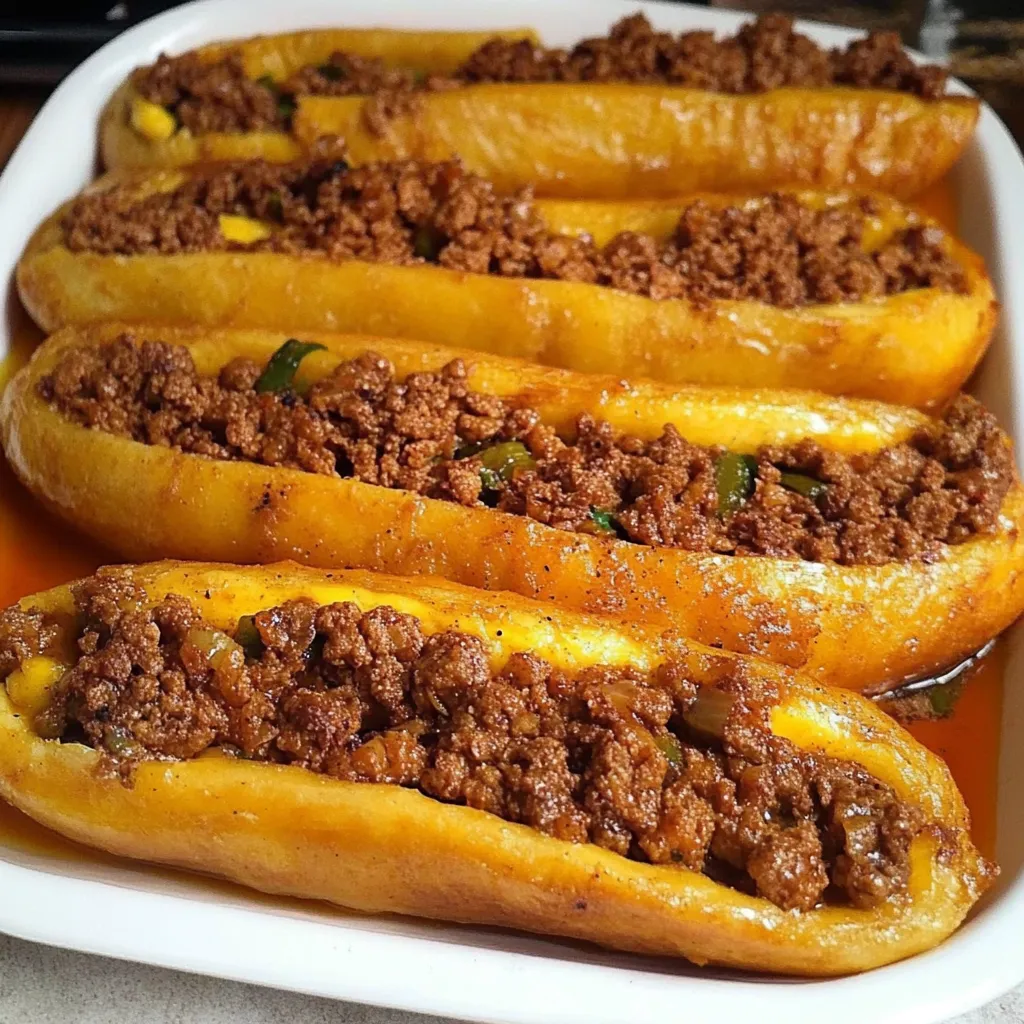 Canoas de plátano maduro rellenas de carne y queso recién horneadas