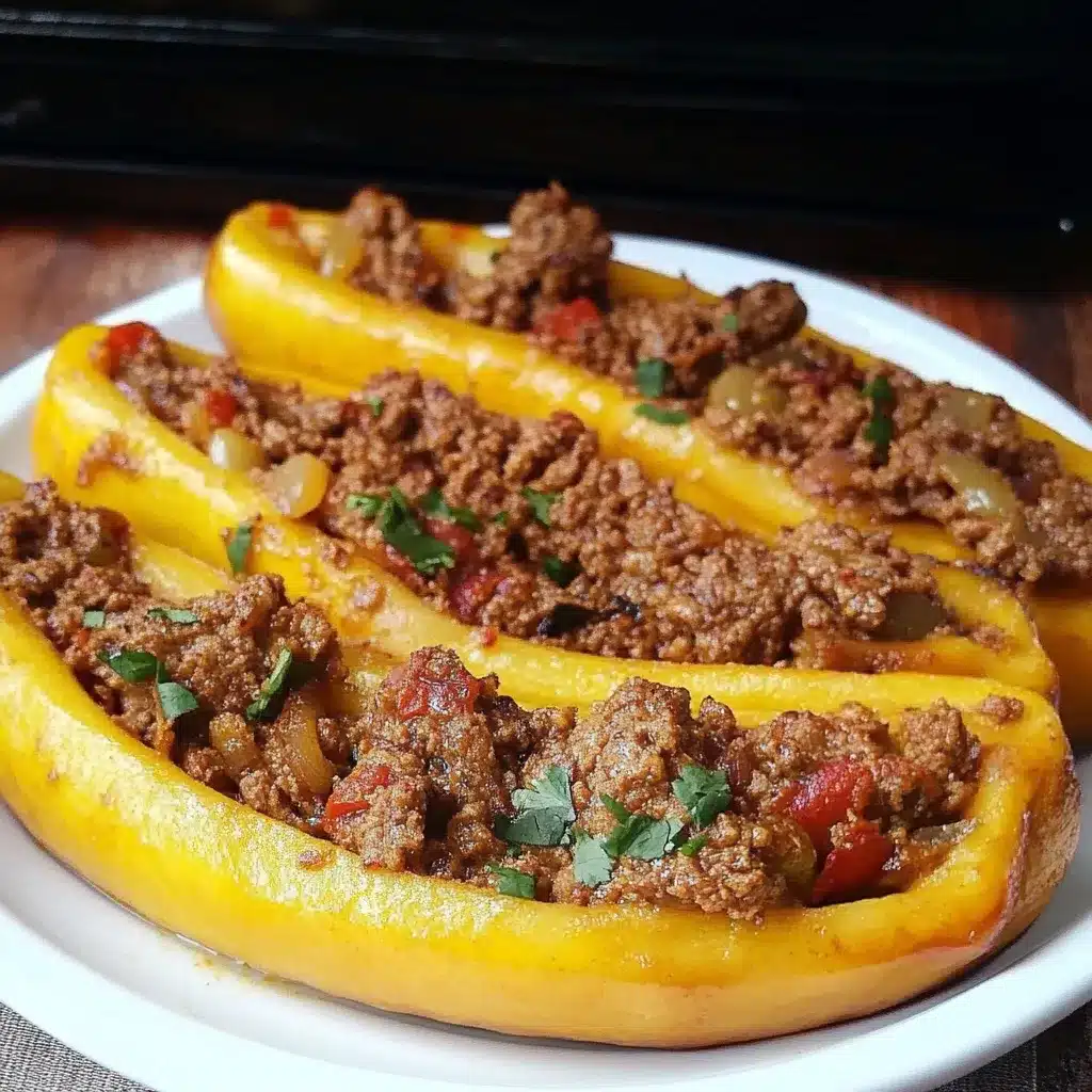 Canoas de plátano maduro rellenas de carne y queso recién horneadas