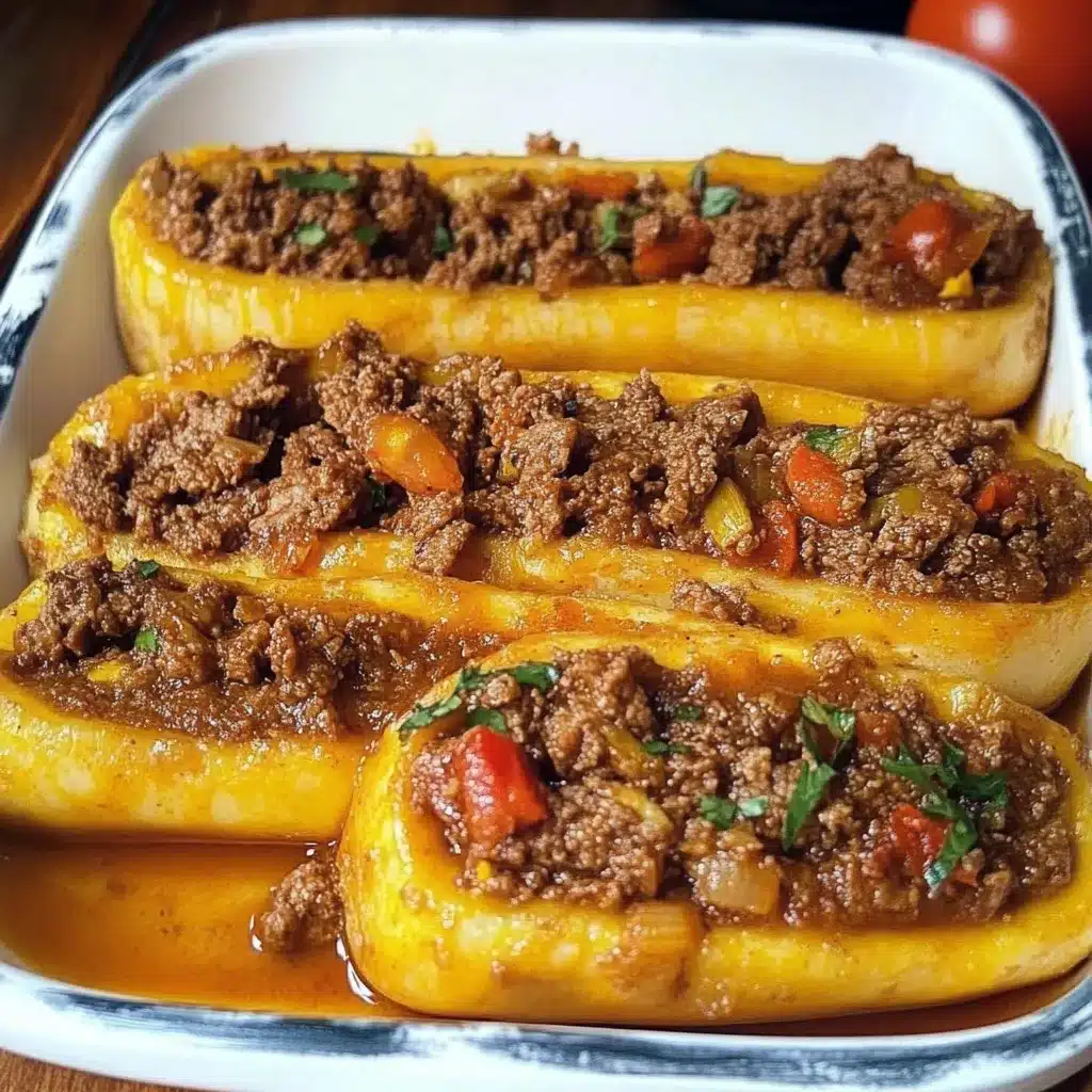 Canoas de plátano maduro rellenas de carne y queso recién horneadas