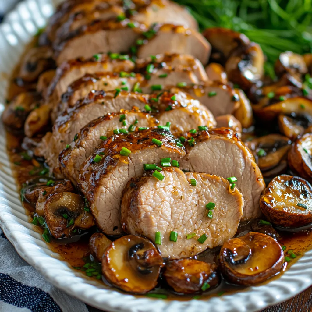 Carne de res al ajo con champiñones servida en sartén, bañada en salsa balsámica con perejil fresco