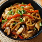 Plato servido de Chop Suey de Pollo y Verduras con arroz blanco, lleno de colores vivos y vegetales salteados