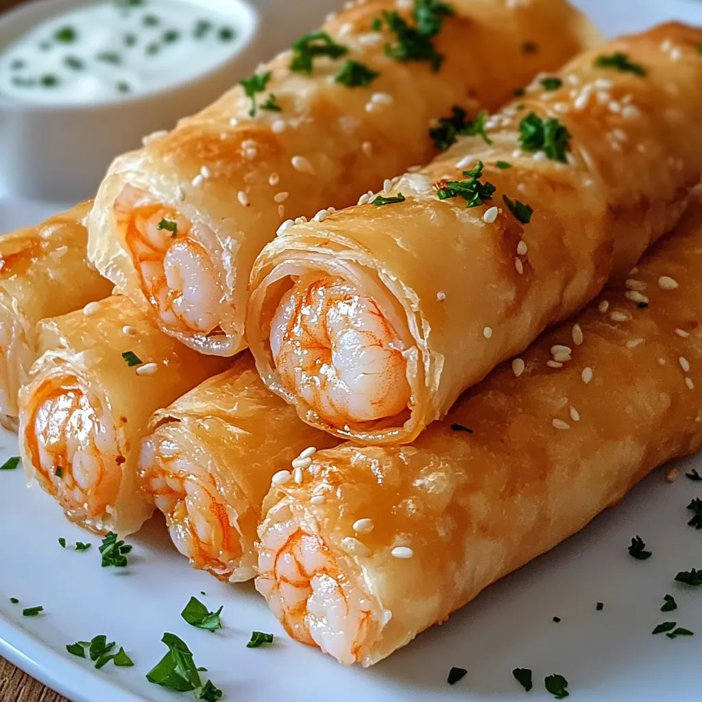 Cigarros crujientes de camarones al ajo recién horneados sobre bandeja