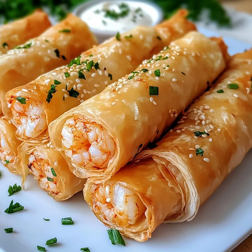 Cigarros crujientes de camarones al ajo recién horneados sobre bandeja
