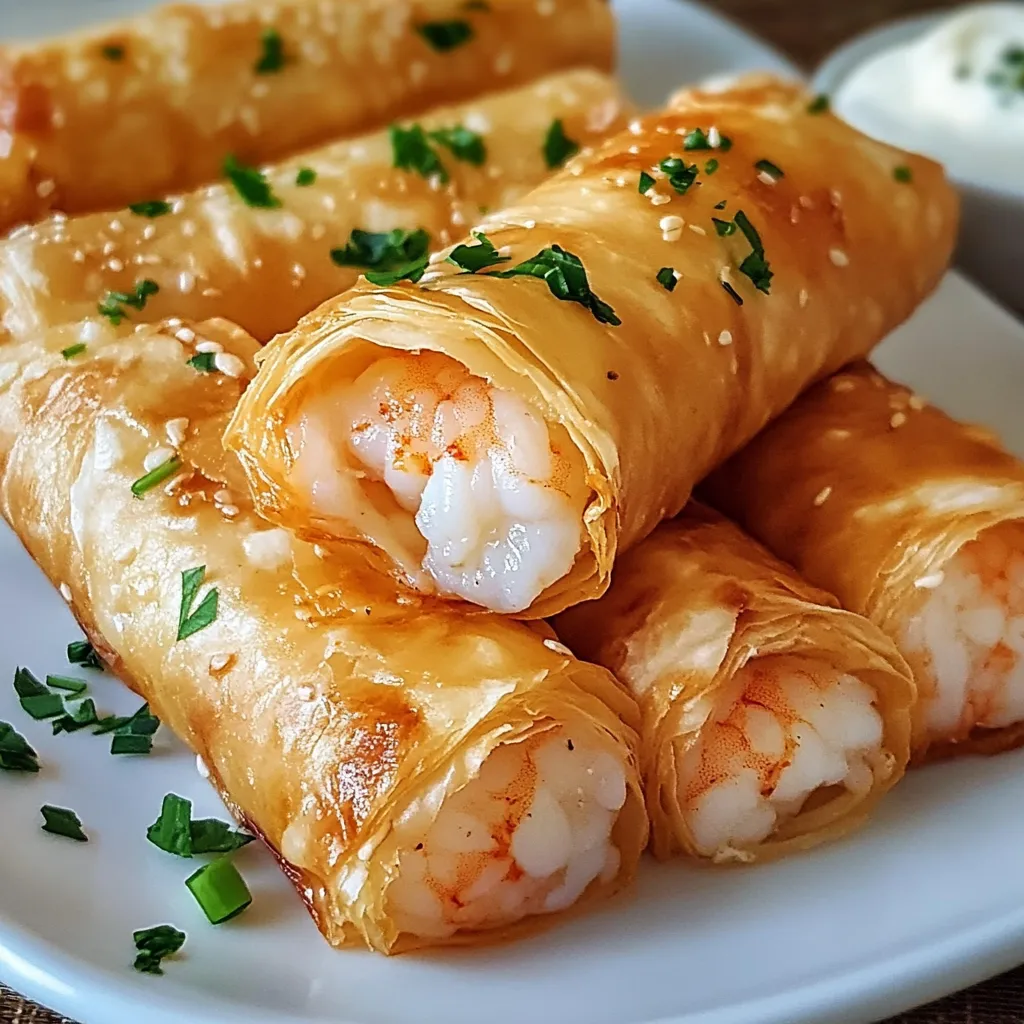 Cigarros crujientes de camarones al ajo recién horneados sobre bandeja