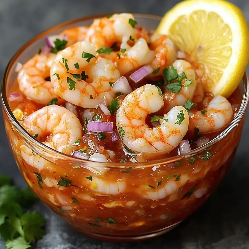 Cóctel de camarones servido en copa con salsa rosada y rodajas de limón
