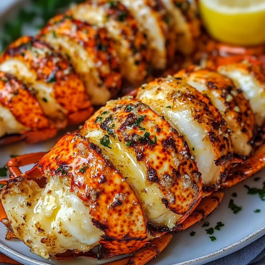 Colas de langosta cocinadas con mantequilla de ajo y hierbas frescas servidas en plato blanco