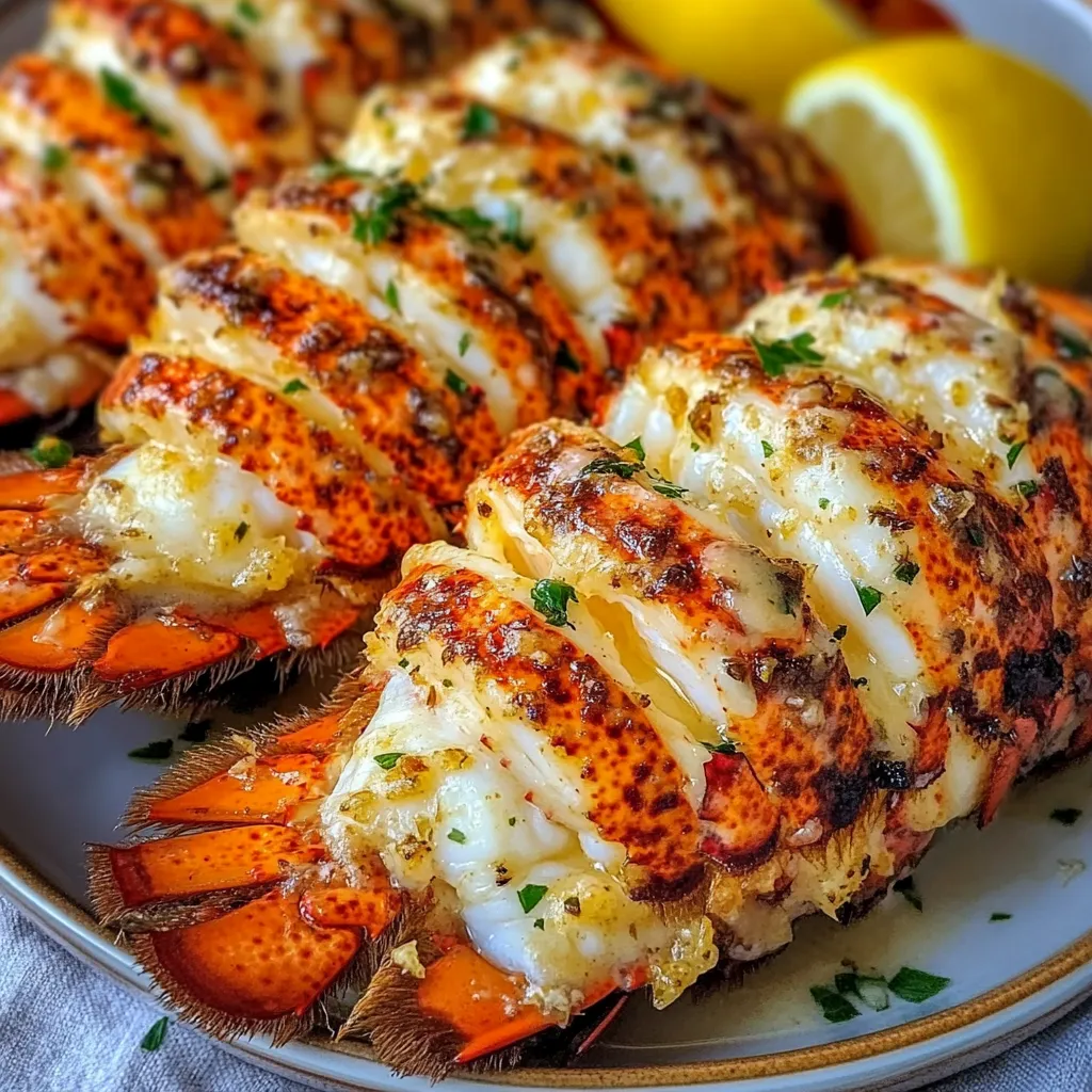 Colas de langosta cocinadas con mantequilla de ajo y hierbas frescas servidas en plato blanco