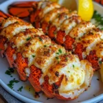 Colas de langosta cocinadas con mantequilla de ajo y hierbas frescas servidas en plato blanco