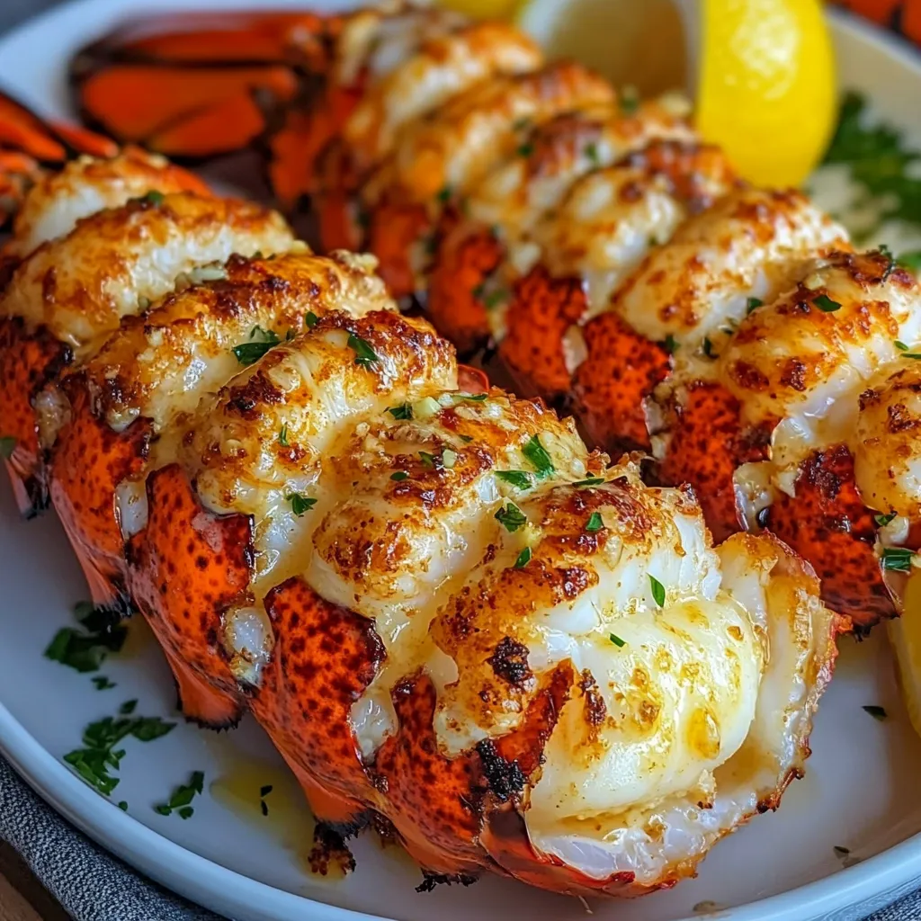Colas de langosta cocinadas con mantequilla de ajo y hierbas frescas servidas en plato blanco