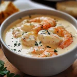 Tazón de crema de marisco servida caliente con perejil fresco