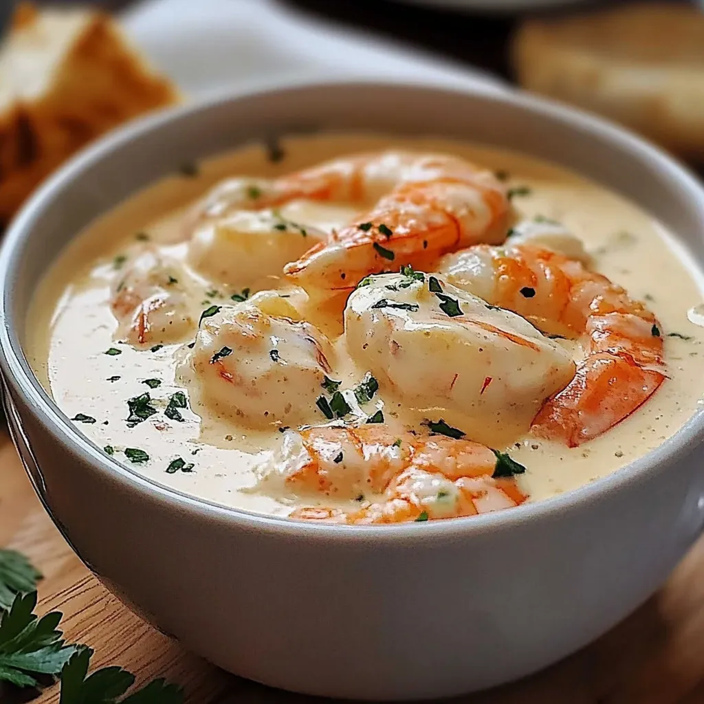 Tazón de crema de marisco servida caliente con perejil fresco