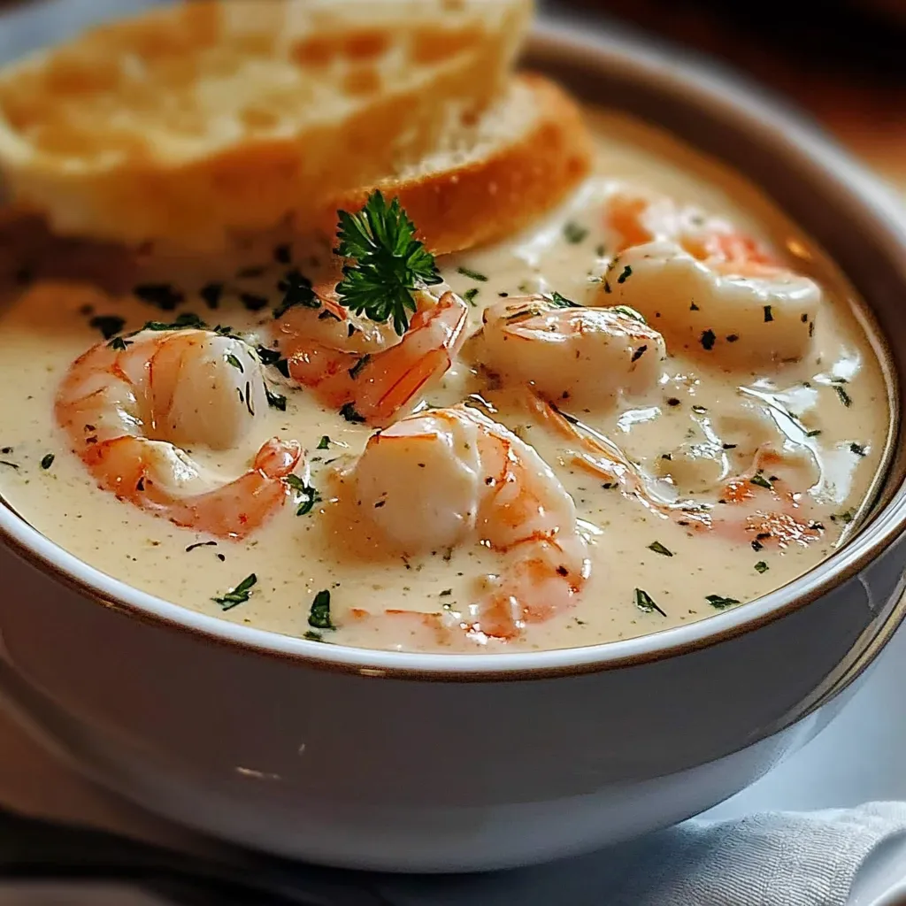 Tazón de crema de marisco servida caliente con perejil fresco