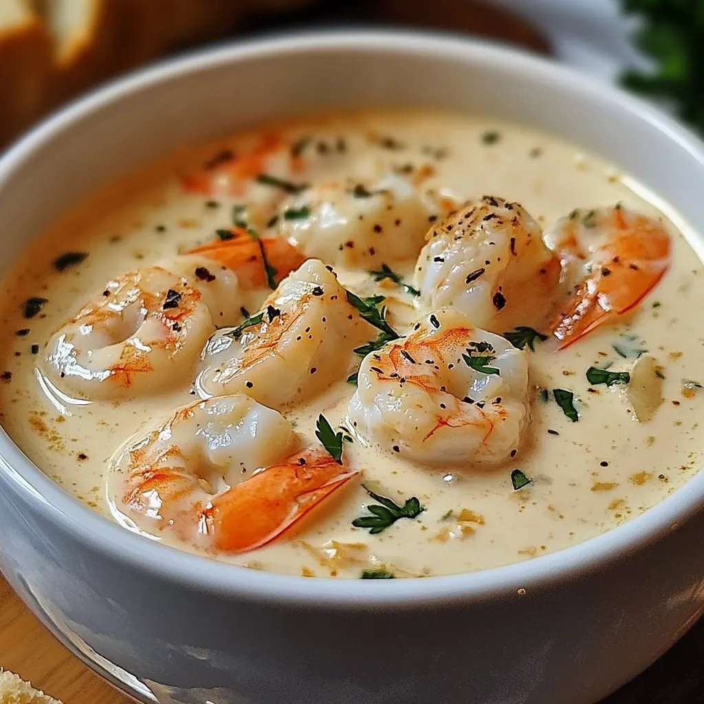 Tazón de crema de marisco servida caliente con perejil fresco
