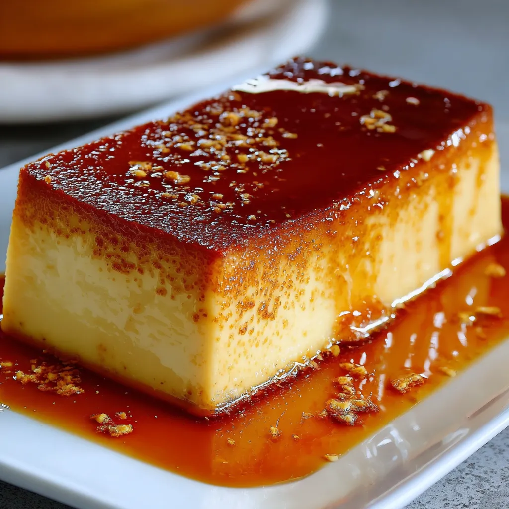 Flan casero con caramelo servido en un plato blanco
