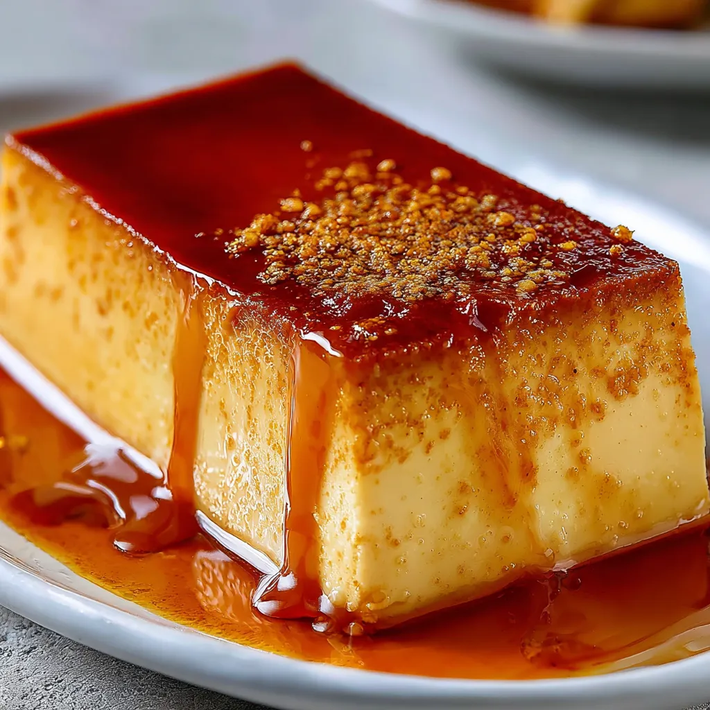Flan casero con caramelo servido en un plato blanco