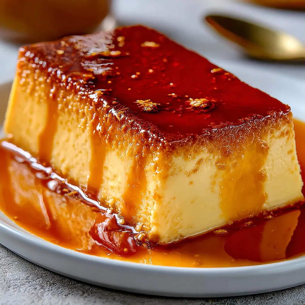 Flan casero con caramelo servido en un plato blanco