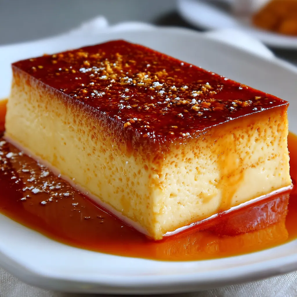 Flan casero con caramelo servido en un plato blanco