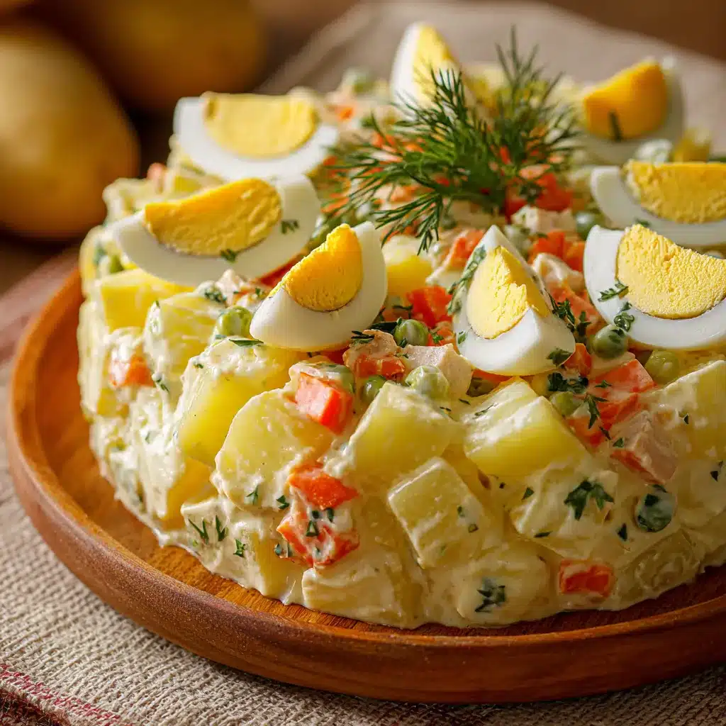 Plato de ensaladilla rusa casera servida en un bol blanco con mayonesa por encima