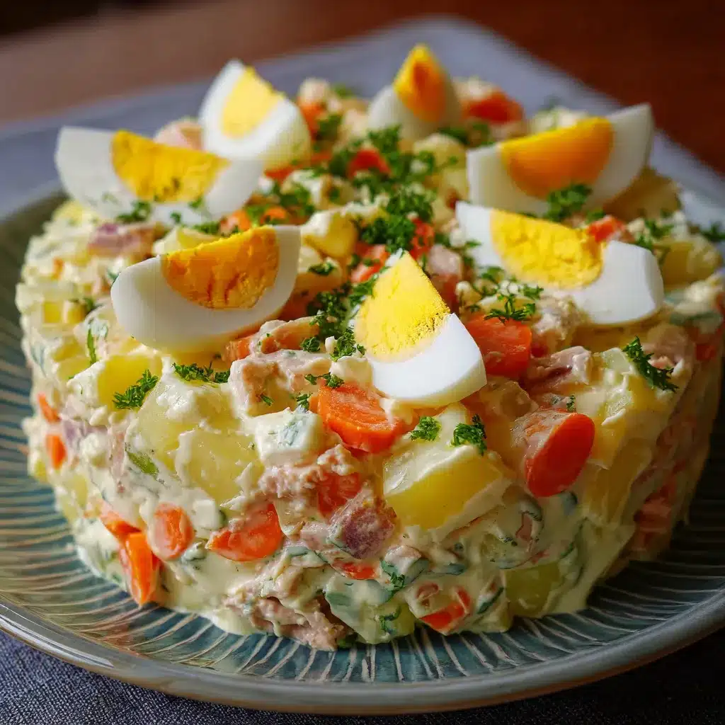 Plato de ensaladilla rusa casera servida en un bol blanco con mayonesa por encima