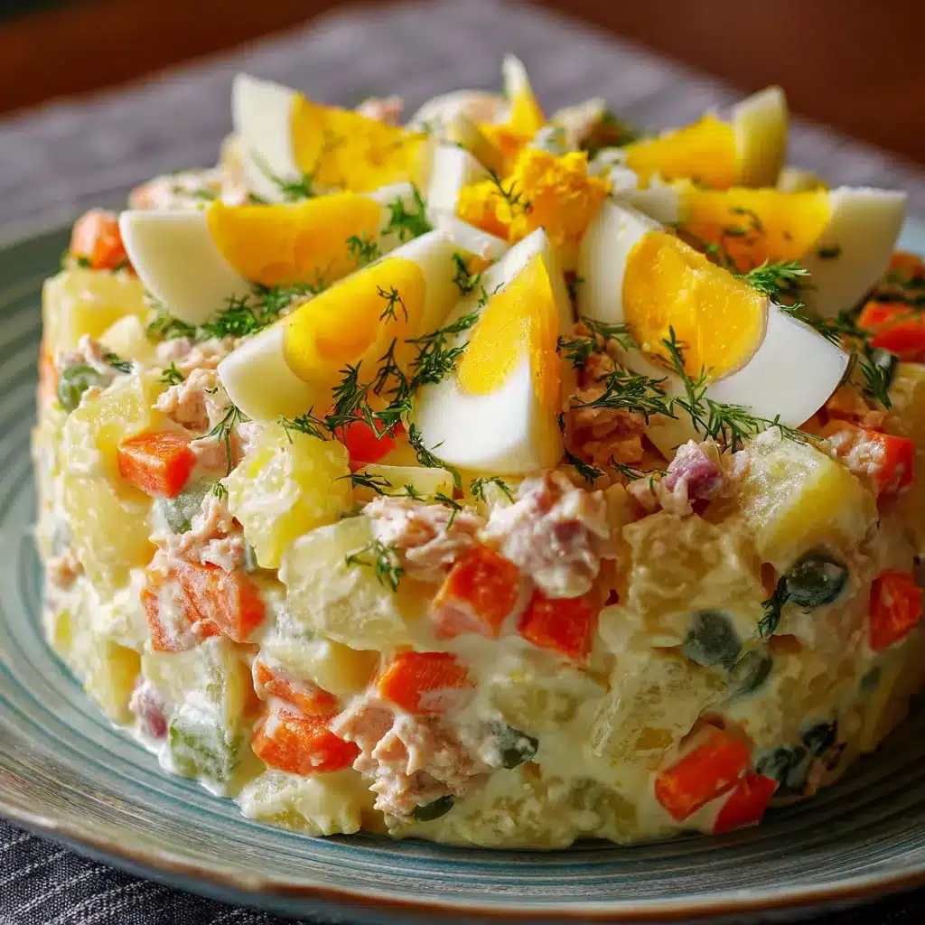Plato de ensaladilla rusa casera servida en un bol blanco con mayonesa por encima