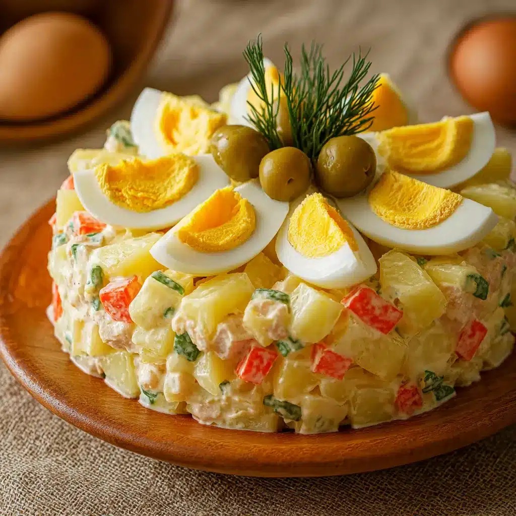 Plato de ensaladilla rusa casera servida en un bol blanco con mayonesa por encima