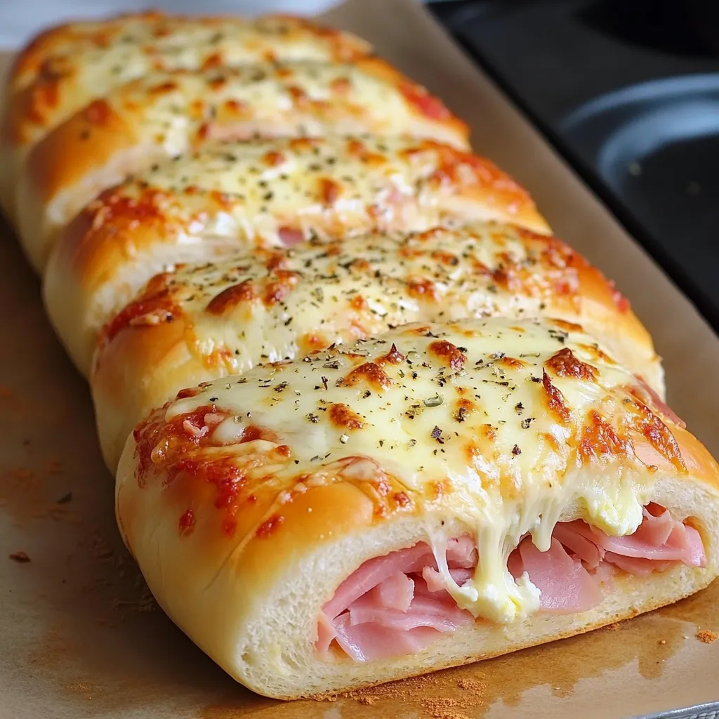 Pan casero relleno de jamón, mozzarella, requesón y orégano recién horneado.