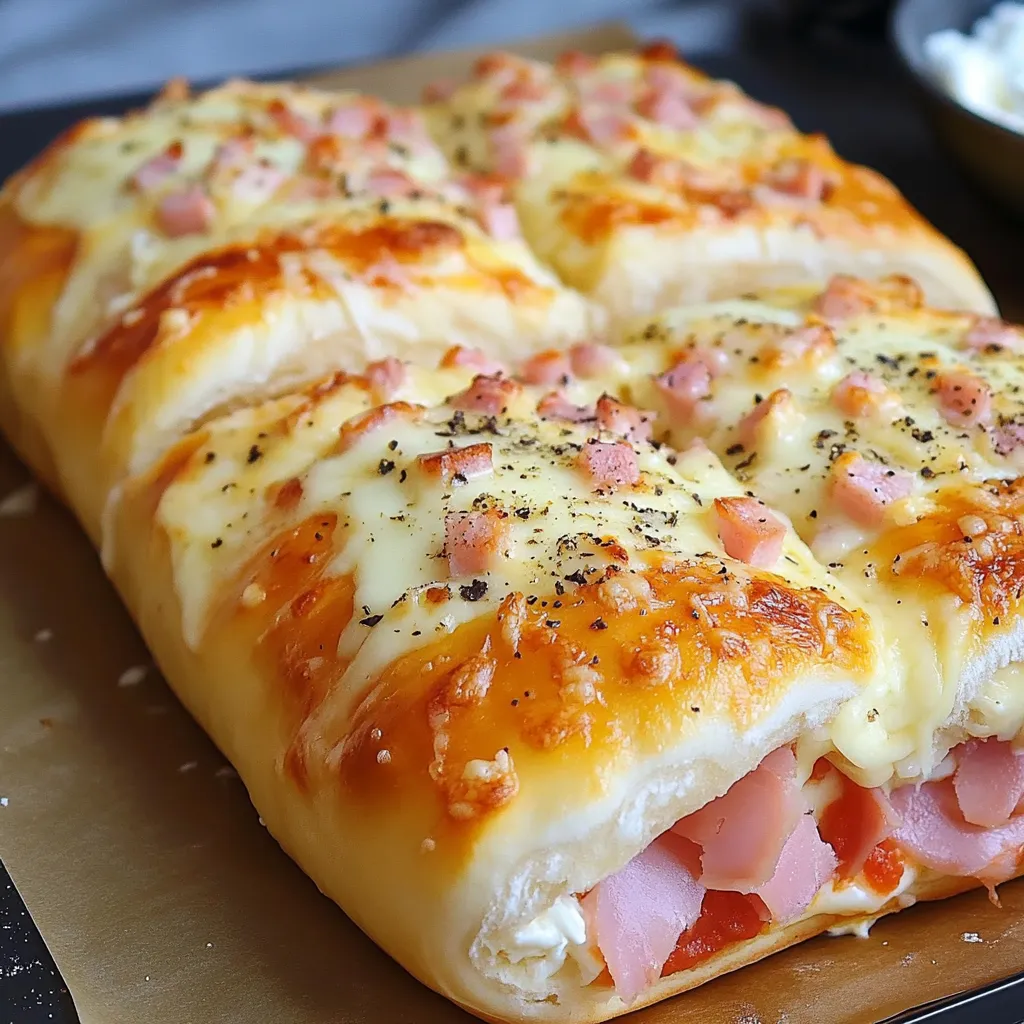 Pan casero relleno de jamón, mozzarella, requesón y orégano recién horneado.