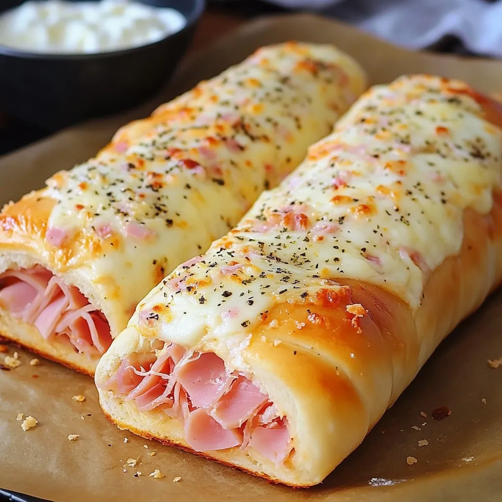 Pan casero relleno de jamón, mozzarella, requesón y orégano recién horneado.