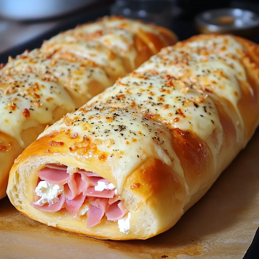 Pan casero relleno de jamón, mozzarella, requesón y orégano recién horneado.