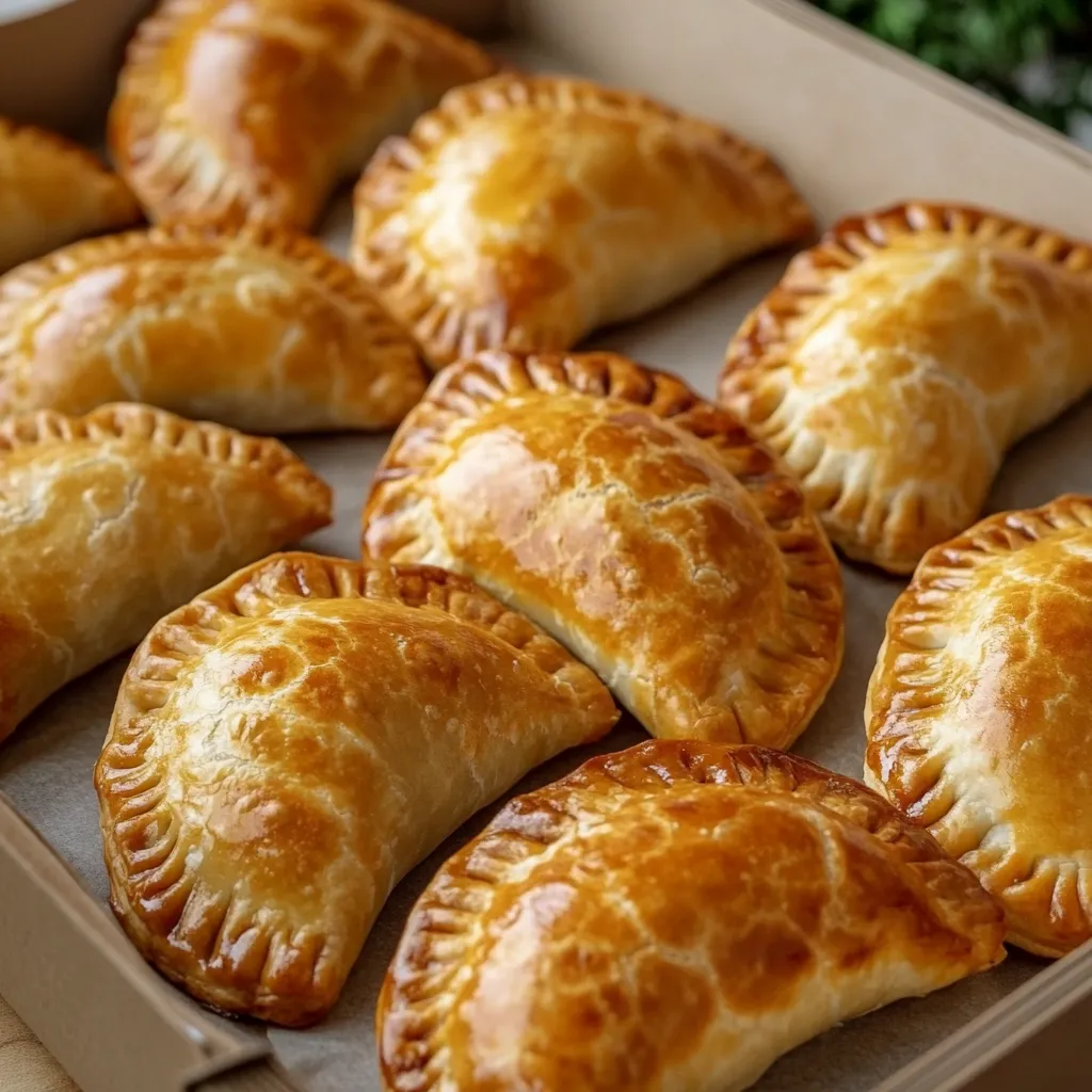 Empanadillas al horno doradas sobre bandeja con relleno casero