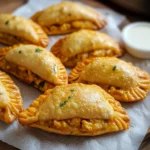 Empanadillas de pollo y curry doradas al horno, servidas sobre bandeja con salsa de yogur
