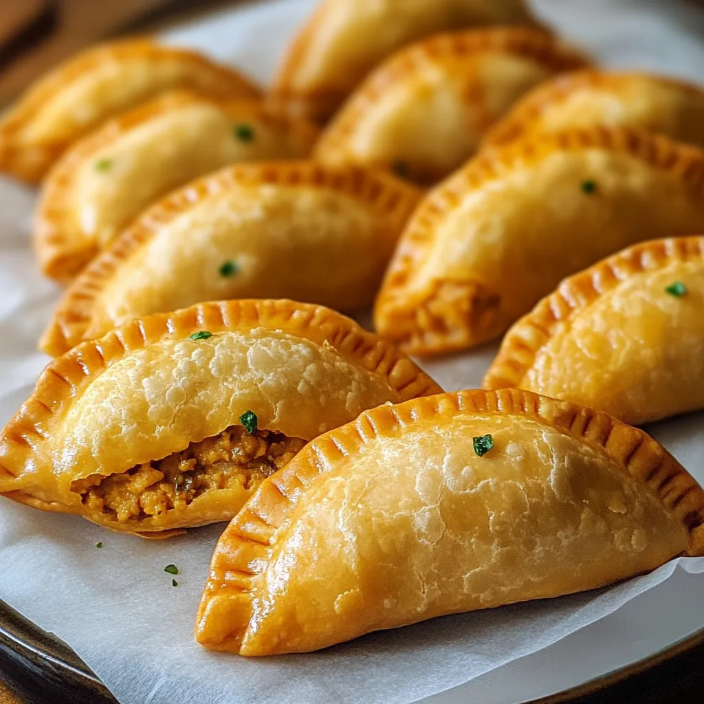 Empanadillas de pollo y curry doradas al horno, servidas sobre bandeja con salsa de yogur