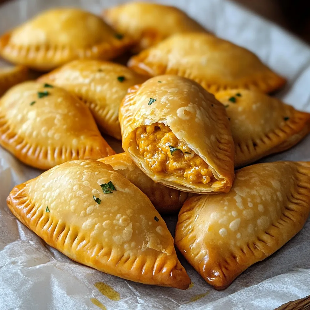 Empanadillas de pollo y curry doradas al horno, servidas sobre bandeja con salsa de yogur
